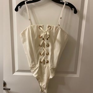 NBD Lace Up Bustier Bodysuit , Small , Color - White